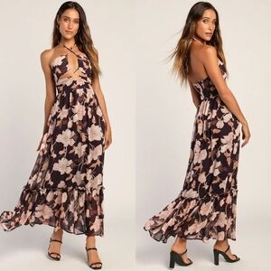 Lulus Blooming Elegance Purple Floral Cutout Halter Maxi Dress S Wedding Party